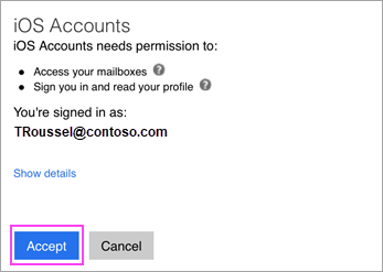 iOS Accounts permission screen with Accept and Cancel buttons