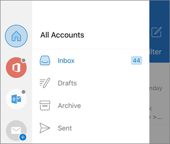 Outlook for iOS account switcher drawer open, showing existing accounts in the left column with a plus icon at the bottom and the All Accounts inbox view on the right
