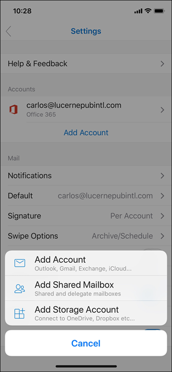 Outlook for iOS Settings screen with an action sheet showing Add Account, Add Shared Mailbox, and Add Storage Account options