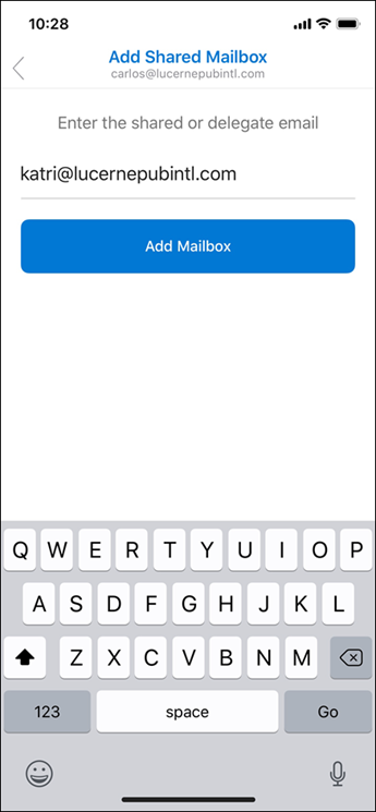 Outlook for iOS Add Shared Mailbox screen with an example email address entered and a blue Add Mailbox button